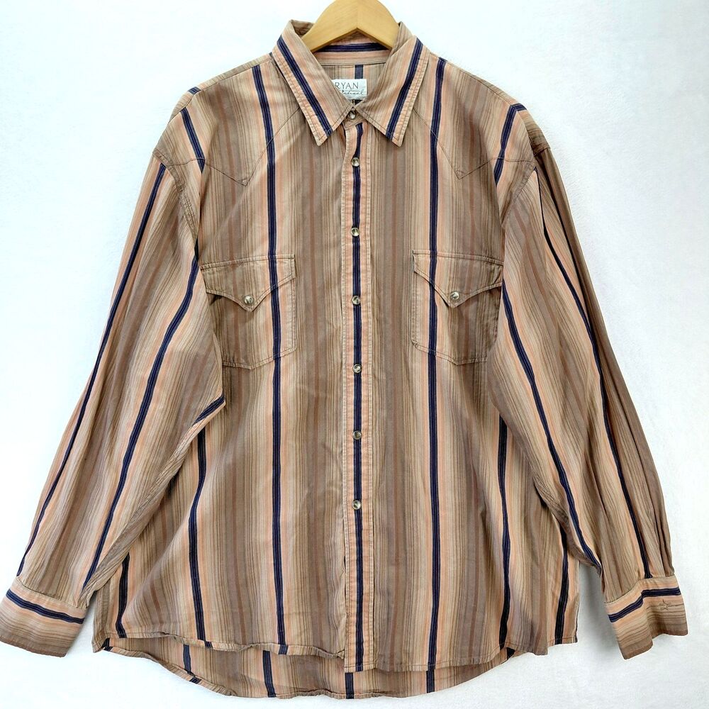Ryan Michael Pearl Snap Shirt Mens XL Brown Striped Yoke Western Cowboy Rodeo